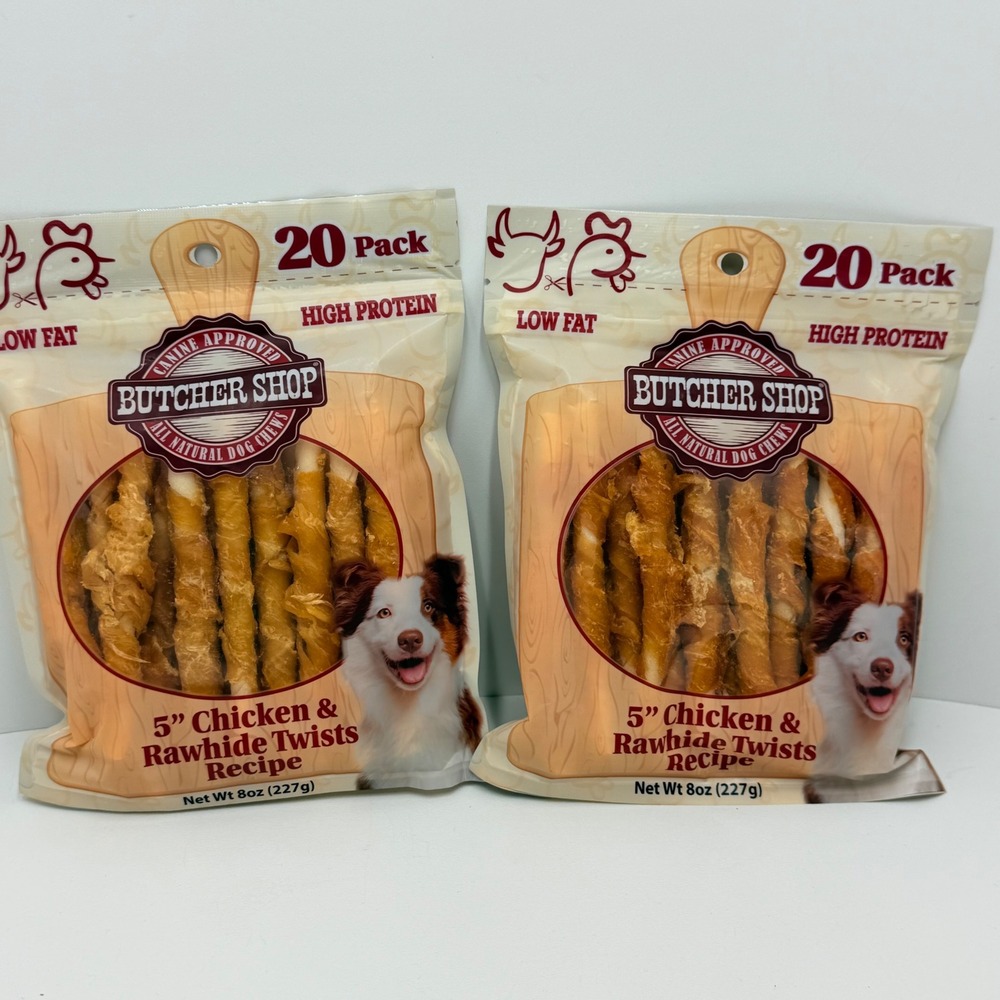 Butcher Shop Chicken Rawhide Twists 5in Dog Chews 20 Count 8oz Lot of 2 Bags